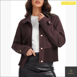 Faux Suede Cropped Bomber Jacket, Lightweight Button Down with Pockets